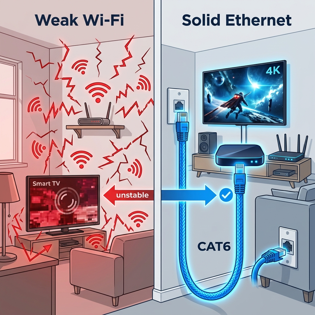 An infographic comparing weak, bouncing red Wi-Fi signals on the left to a solid, glowing blue Ethernet cable on the right