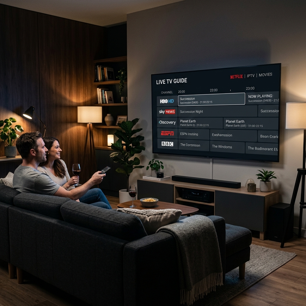 A modern living room at night with a large 4K TV displaying a sleek, modern IPTV electronic program guide (EPG) interface
