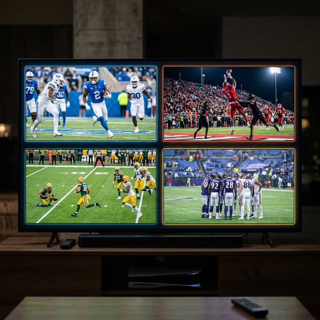 A sleek sports streaming interface on a TV screen split into a multi-view grid showing 4 different American football games playing simultaneously