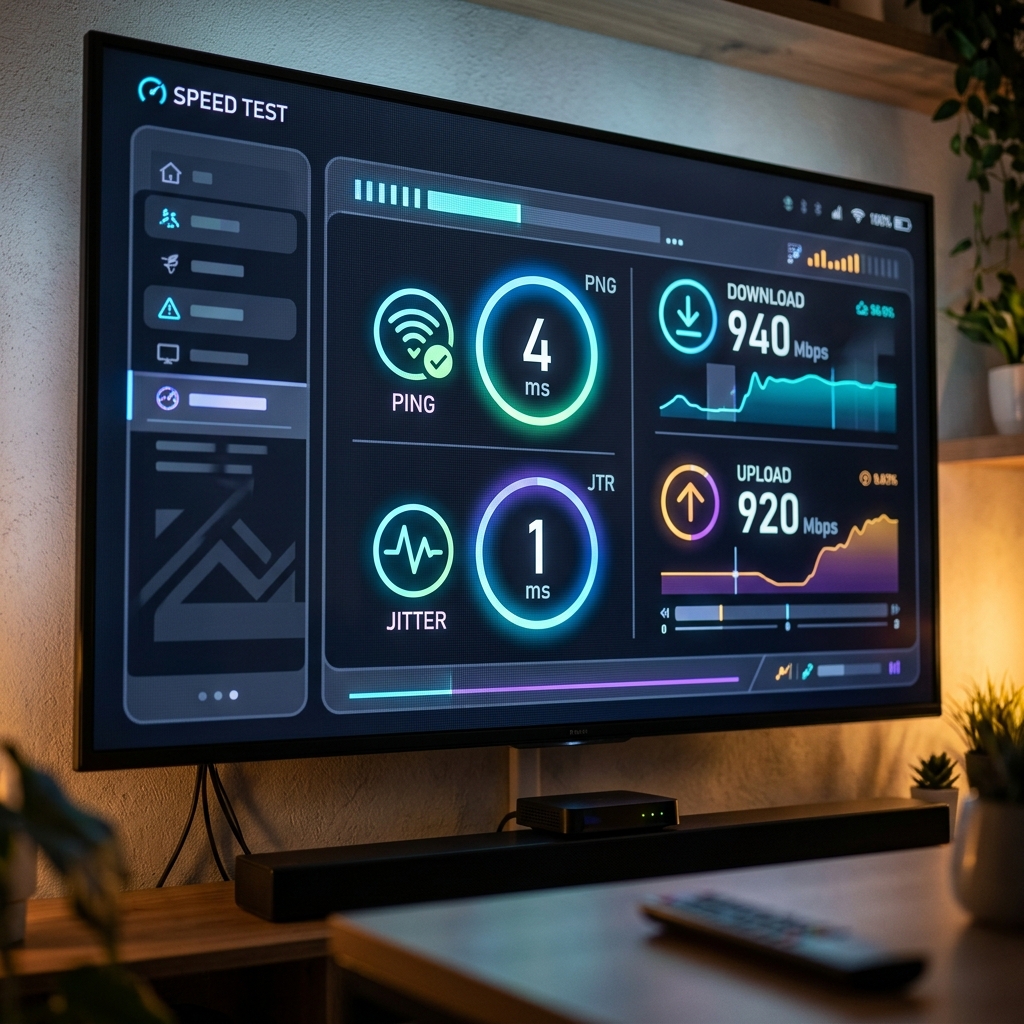 A close-up of a modern smart TV screen displaying a futuristic speed test interface, highlighting low Ping and Jitter metrics