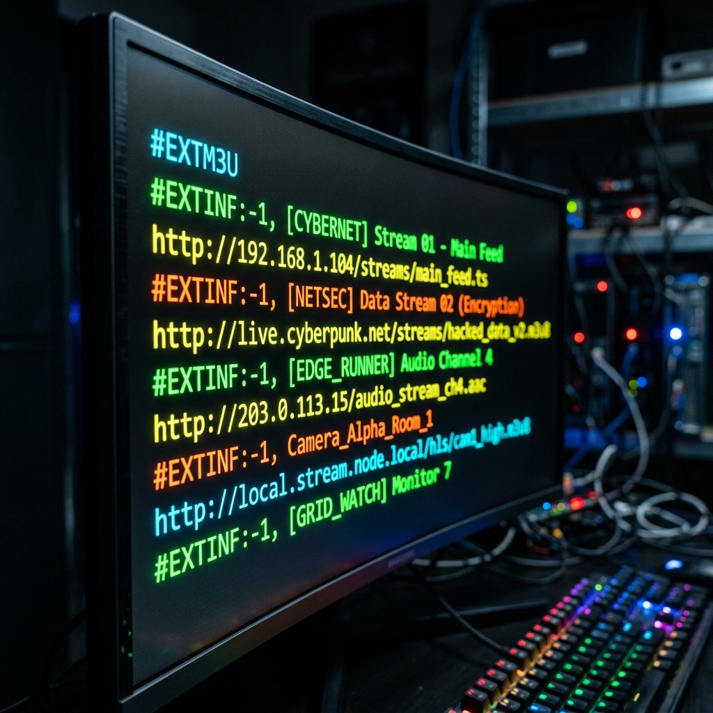 A close-up of a computer monitor displaying lines of raw #EXTM3U code with various media streaming links