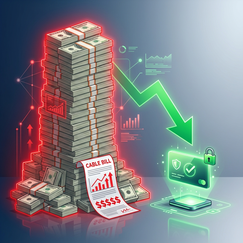 An infographic showing a massive stack of money representing a traditional cable bill compared to a small digital subscription card representing massive savings