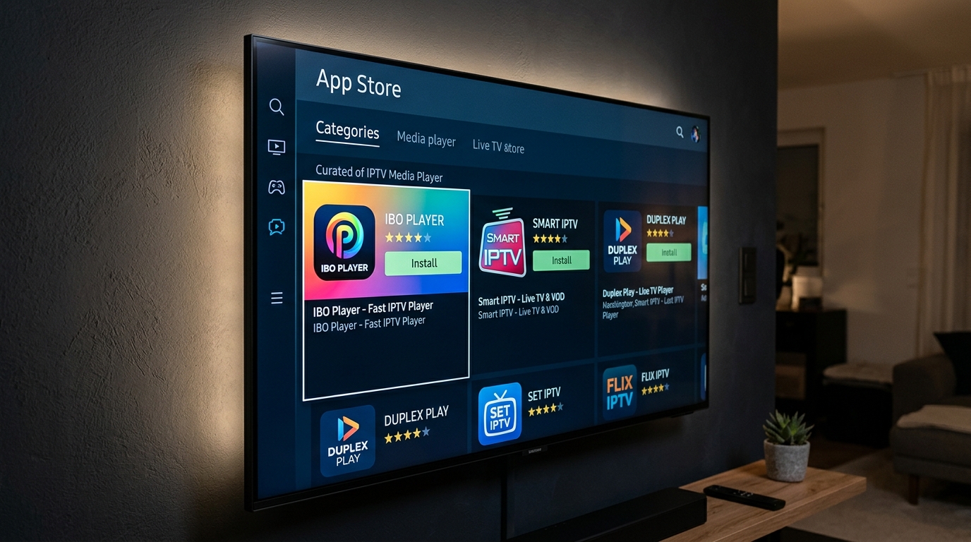 A close-up view of a Samsung Smart TV screen displaying the Tizen OS App Store with IPTV media player apps available for download