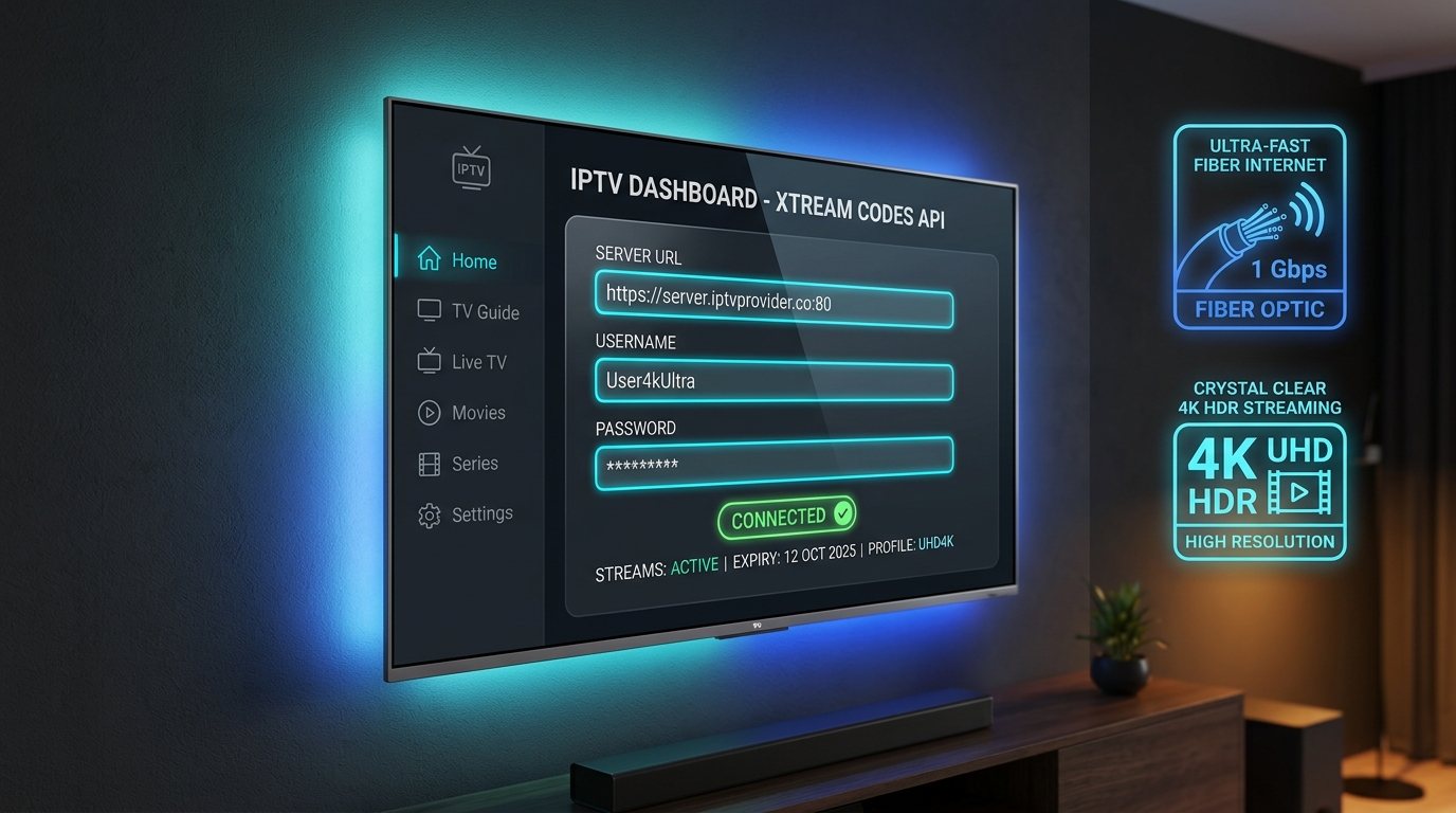 A Smart TV showing an intuitive Xtream Codes API connection dashboard alongside high-speed internet and 4K streaming indicators