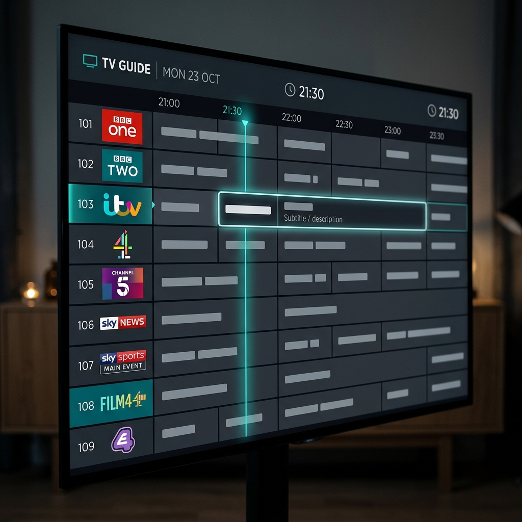 A close-up of a sleek digital TV guide (EPG) displaying various British entertainment, news, and sports channels