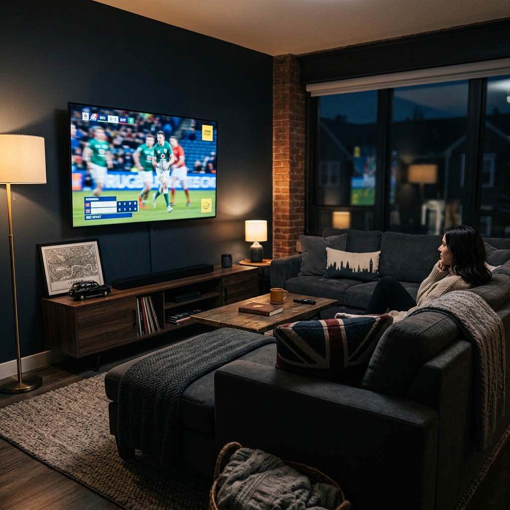 A cinematic hero image showing a cozy American living room with British decor elements, where a large TV displays HD British sports