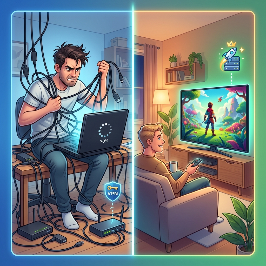 An infographic comparing a frustrated user tangled in wires with a buffering VPN setup on the left, to a relaxed user watching a seamless stream on a premium server on the right