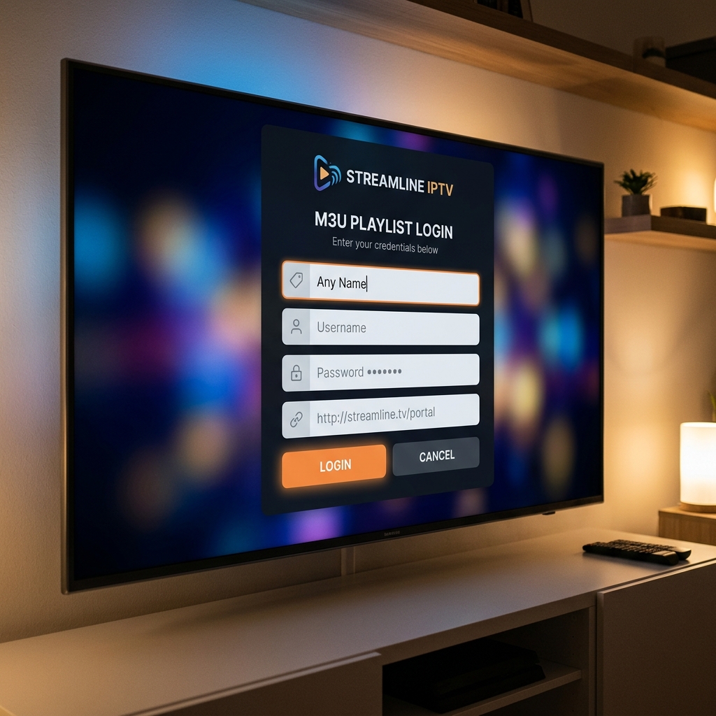 A sleek IPTV login interface displayed on a smart TV, showing input fields for Username, Password, and Portal URL