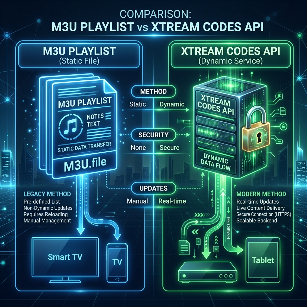 A high-tech digital comparison showing a static M3U playlist document versus a dynamic, secure Xtream Codes API server